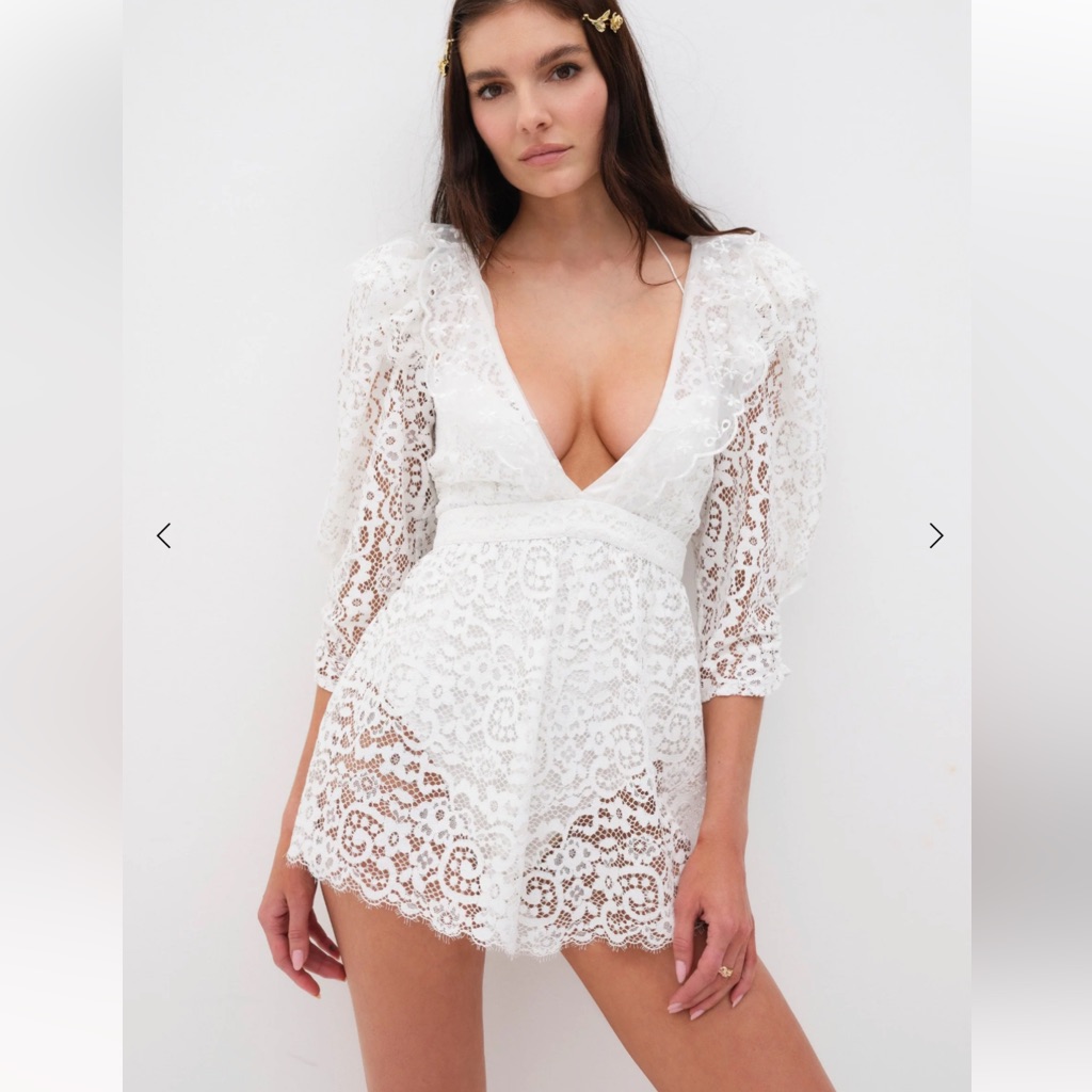 For Love & Lemons Santo Eyelash Lace Embroidered Ruffles Romper
